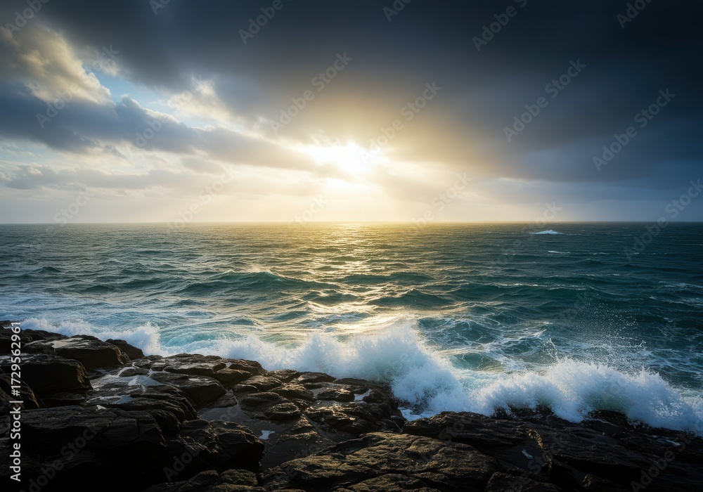 Obraz premium Dramatic sunset over a stormy sea, with golden sun rays breaking through dark clouds and waves crashing on rocky shore