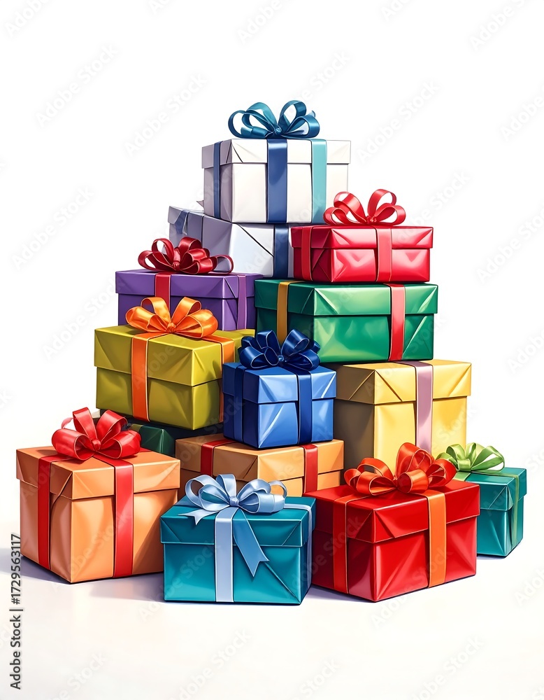 Fototapeta premium Colorful Gift Boxes Stacked on White Background Celebration