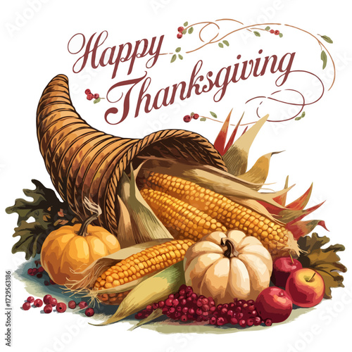 Cornucopia overflowing with autumn harvest and happy thanksgiving text isolated on white background