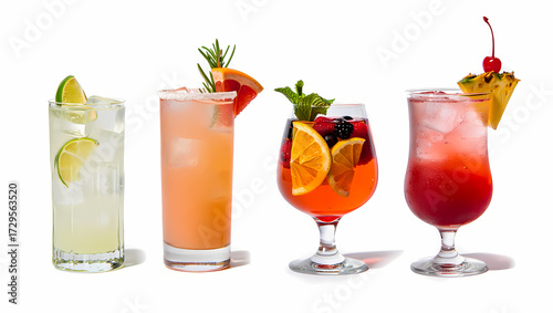 Four refreshing cocktails isolated on white background, each garnished with fresh fruit and herbs, perfect for a summer celebration