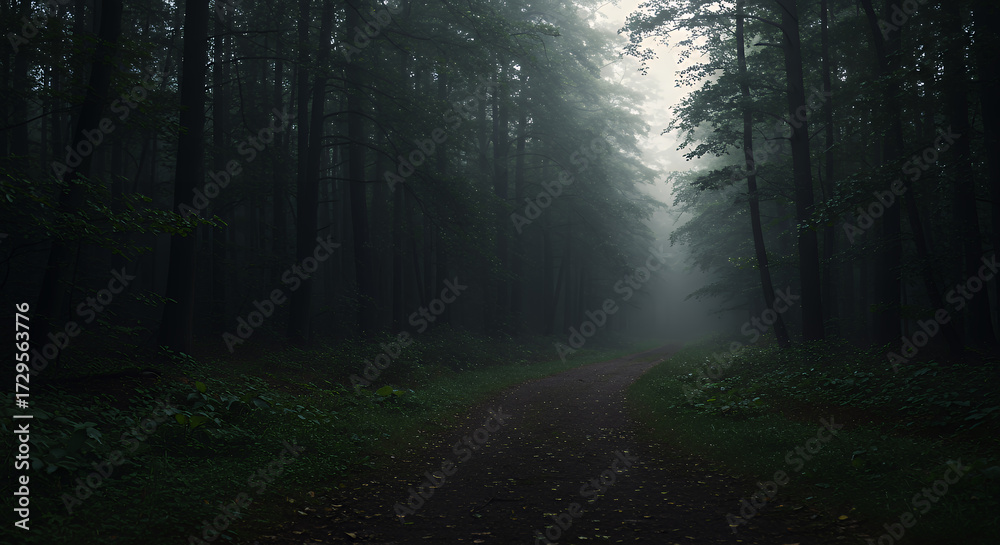 Fototapeta premium Misty Dark Forest Path Surrounded by Tall Trees in Green Nature