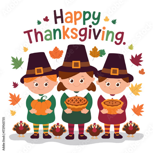 Three cartoon pilgrim children holding pies happy thanksgiving isolated on white background