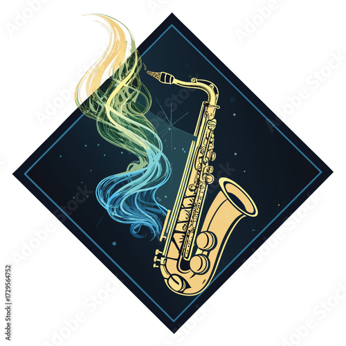 A golden saxophone emits colorful musical notes in a starry sky.