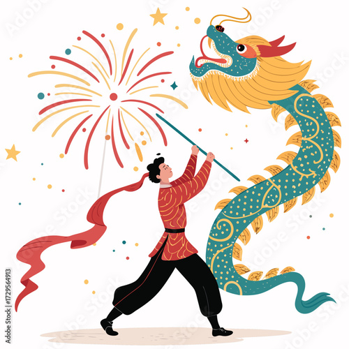 A person holds a pole with a dragon and fireworks in a celebration.