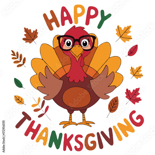 Cute cartoon turkey wearing glasses with happy thanksgiving text isolated on white background
