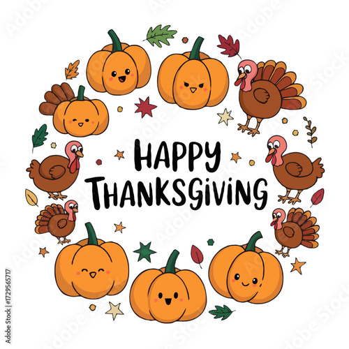 Cute cartoon pumpkins and turkeys forming a circle with happy thanksgiving text isolated on white background