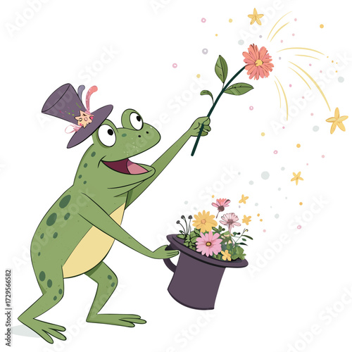 A magical frog conjures flowers from a hat with a wand.