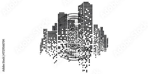 Abstract black and white cityscape illustration with pixelated buildings and a central structure.