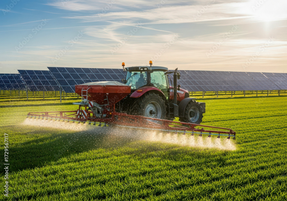 Fototapeta premium A red tractor fertilizes a green field with solar panels in the background during a sunny day
