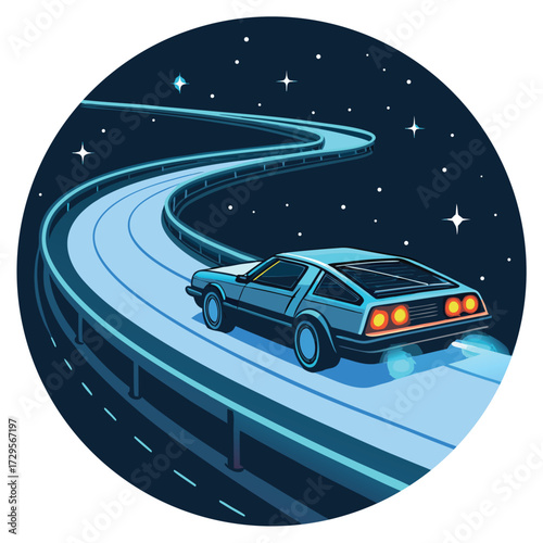 A futuristic car drives on a winding road under a starry night sky.