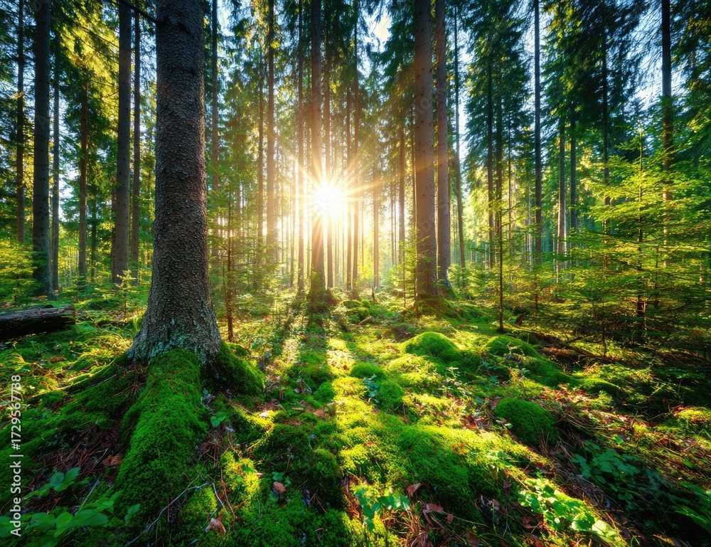 Fototapeta premium Sunlight streams through a dense forest, illuminating lush green moss and towering trees.