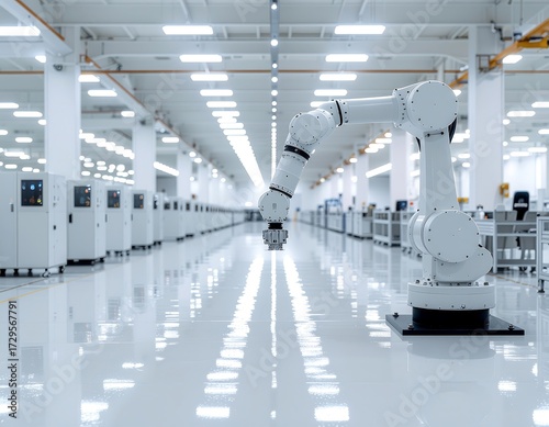 Wide shot of a clean white factory floor featuring a large, articulated industrial robot arm.