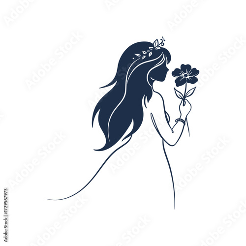 Elegant woman with serene mood holding a flower in minimalist silhouette style for beauty, grace, and nature appreciation
