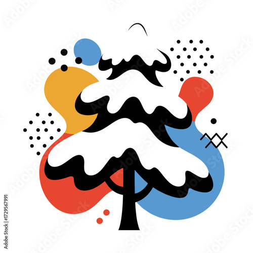 Abstract Christmas tree in modern minimalist style in black, blue, red, and yellow colors with decorative dots for holiday and festive season