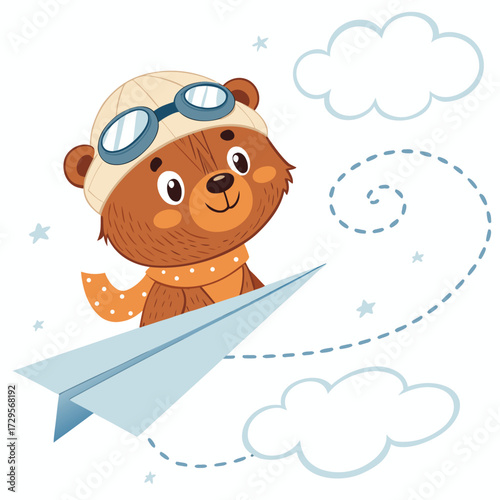 A cute bear pilot flying a paper airplane through the clouds.
