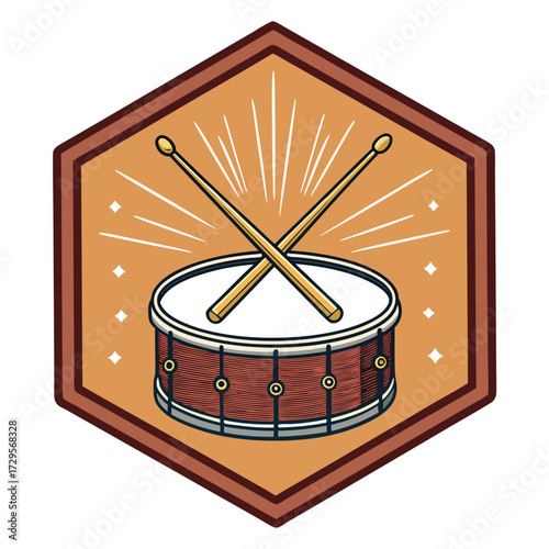 A hexagonal badge featuring a drum and drumsticks with radiating lines.