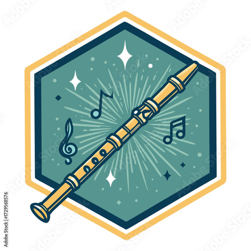 A colorful hexagon emblem featuring a recorder and musical notes.