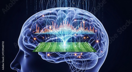 Mindful Sports Analytics A futuristic illustration of the human brain engaging with data-driven strategies for football, showcasing advanced cognitive processing and technological integration
