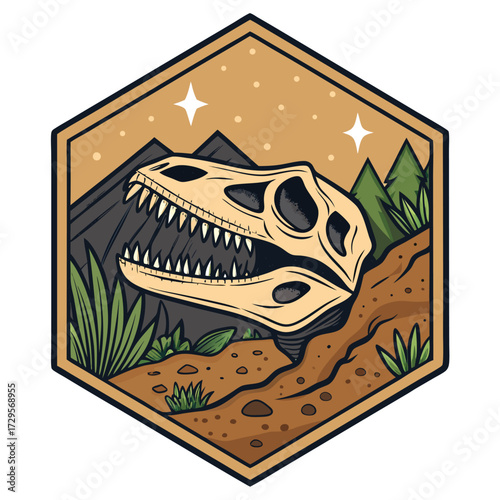 Dinosaur skull in a natural landscape under a starry sky.