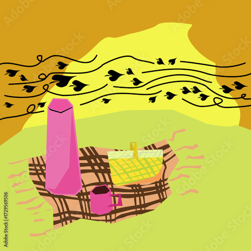 Picnic on the grass in the park in autumn colors. Blanket with thermos, cup of coffee and wicker picnic basket. dry leaves carried by the wind. Autumn illustration of a picnic in the park.