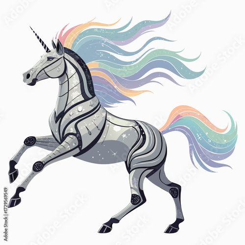 A futuristic robotic unicorn with a rainbow mane and tail.