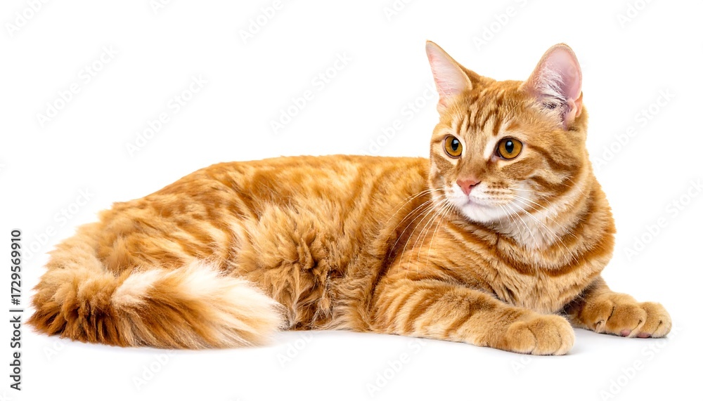 Obraz premium Ginger cat lying on white background