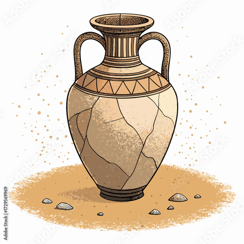 An ancient cracked amphora sits on a sandy surface with small rocks.