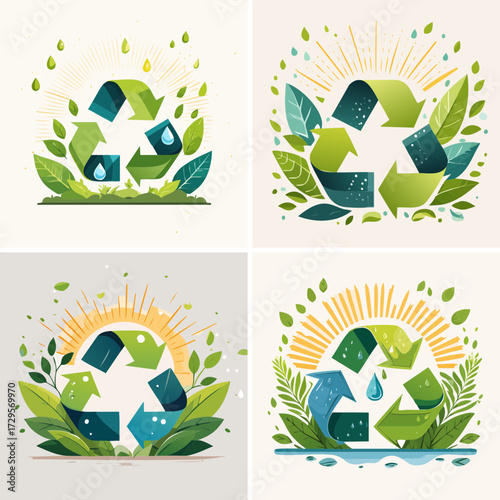 Recycling Symbol Vector Set — Green Eco Icons with Leaves, Water, and Sustainability Design