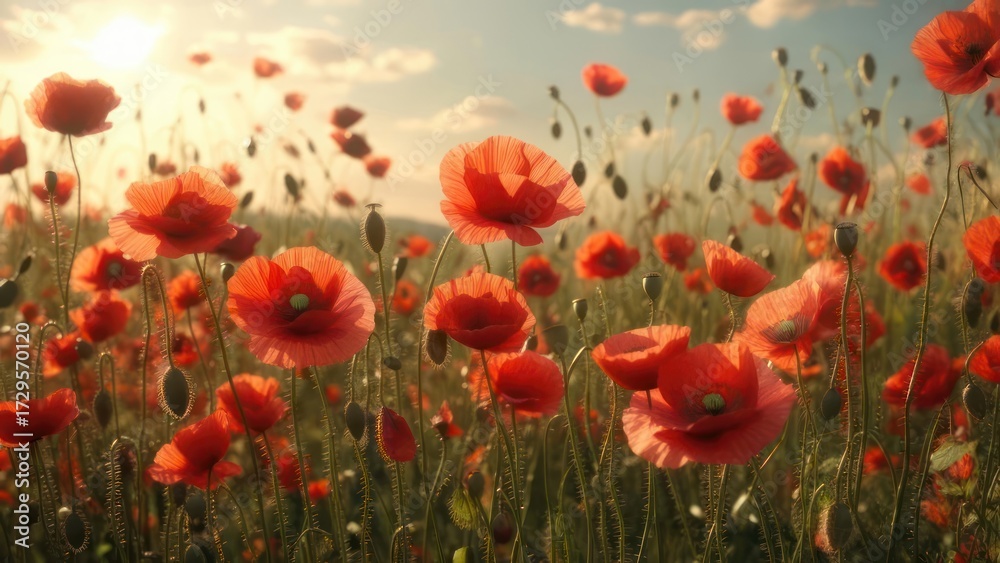Obraz premium Field of vibrant red poppies at sunset