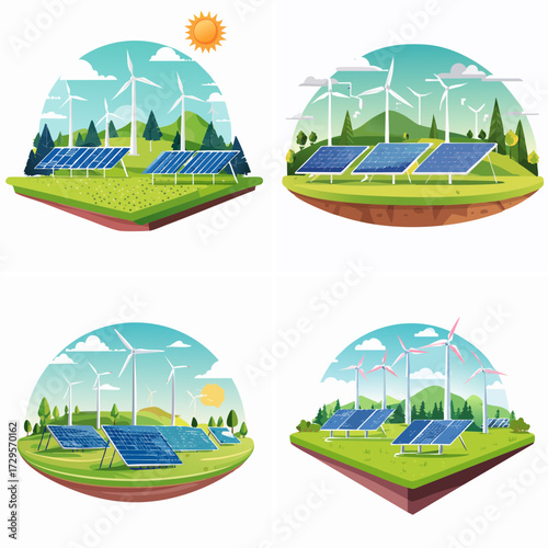 Solar and Wind Energy Vector Set — Renewable Power Illustrations for Sustainable Future Design