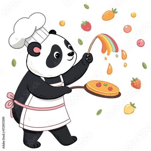 A cheerful panda chef is cooking a rainbow-colored pancake.
