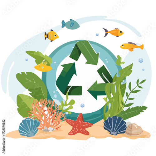 Ocean Recycling Vector — Marine Life and Underwater Conservation Illustrations for Eco Awareness
