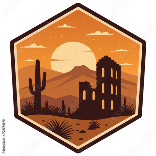 Desert landscape with ruins and a saguaro cactus at sunset.