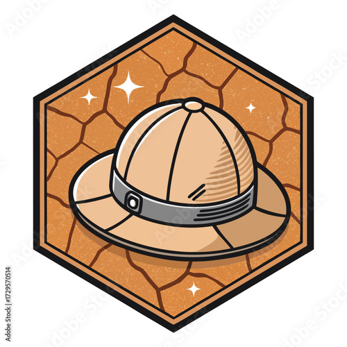 A hexagonal badge featuring a pith helmet on cracked desert ground.