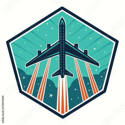 An illustration of an airplane ascending with orange contrails against a starry sky.