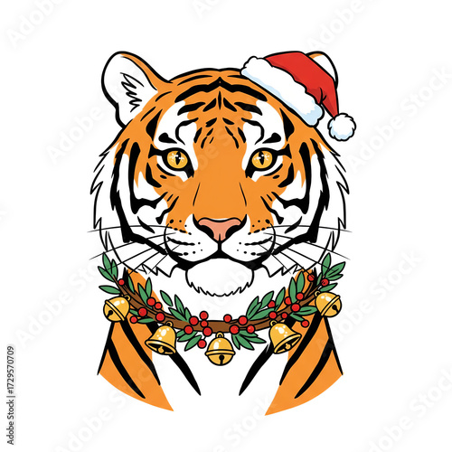 Tiger with festive mood wearing Santa hat and Christmas wreath with bells against white background 