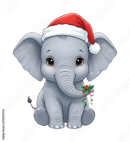 Cute cartoon baby elephant with festive mood wearing a Santa hat and holding a Christmas gift against a transparent background