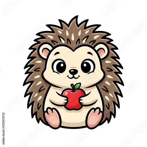 Cute cartoon hedgehog with happy mood holding a red apple against a transparent background
