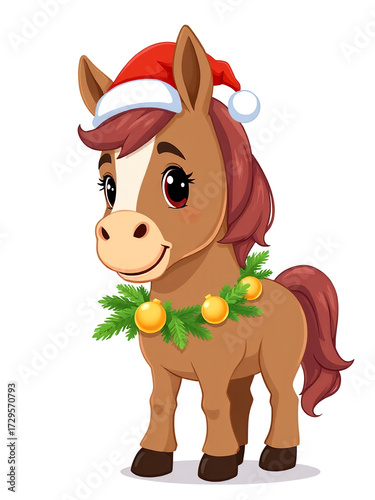 Cute cartoon horse with cheerful mood wearing a Santa hat and Christmas wreath against a white background