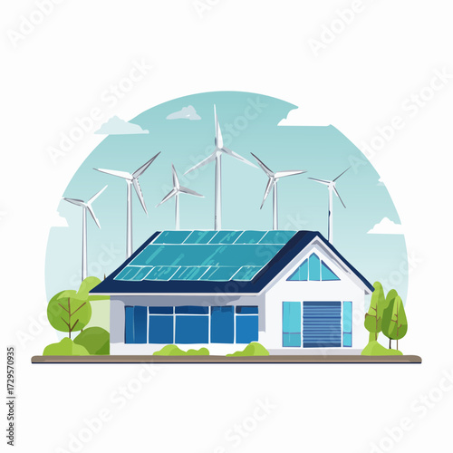 Eco Home Energy Vector — Solar Panel and Wind Turbine House Illustrations for Sustainable Living