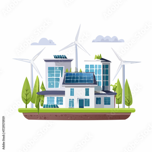 Eco Home Energy Vector — Solar Panel and Wind Turbine House Illustrations for Sustainable Living