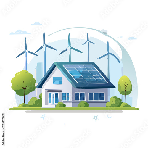 Eco Home Energy Vector — Solar Panel and Wind Turbine House Illustrations for Sustainable Living