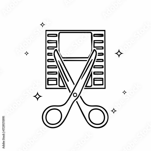 Film editing icon Film making. Vector illustration. Video cutting. Filmstrip with scissors. Contour symbol on white background.