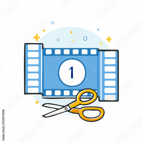Film editing icon Film making. Vector illustration. Video cutting. Filmstrip with scissors. Contour symbol on white background.
