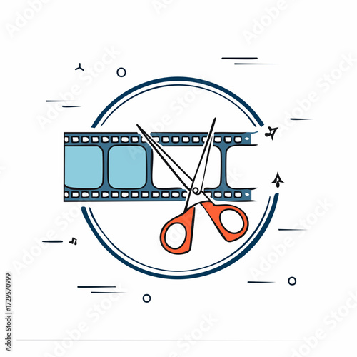 Film editing icon Film making. Vector illustration. Video cutting. Filmstrip with scissors. Contour symbol on white background.