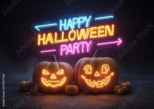 halloween pumpkins illuminated in front of a neon sign with the text 