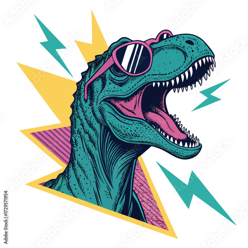 A roaring T-Rex dinosaur wearing cool sunglasses in a retro style.