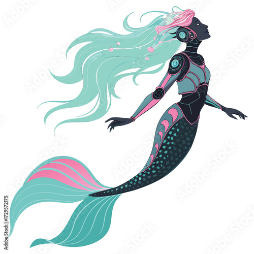 A cybernetic mermaid with flowing hair and a metallic tail swims.