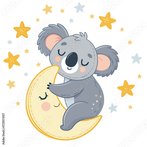 A cute cartoon koala is sleeping on a crescent moon with stars.