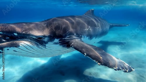Majestic humpback whale glides gracefully through crystal-clear turquoise water.